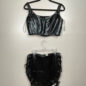 Black Croc-Embossed Top and Skirt Set